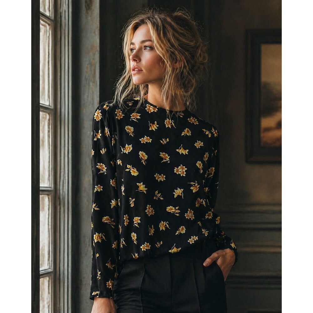 Evan Picone 100% Silk Blouse S Black Floral Button Cuff Long Sleeve Chic